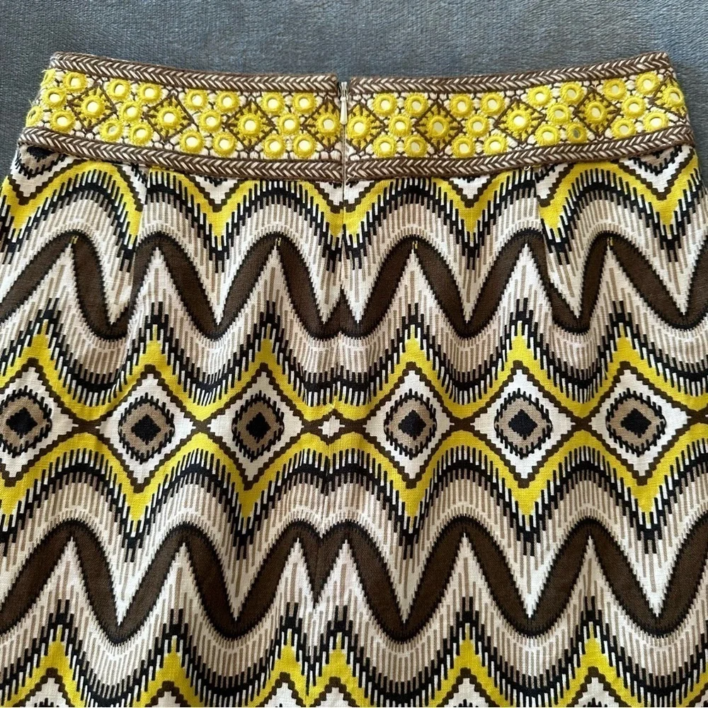 Tory Burch 100% Linen Yellow Mirrored with Pockets Midi Skirt Size 2